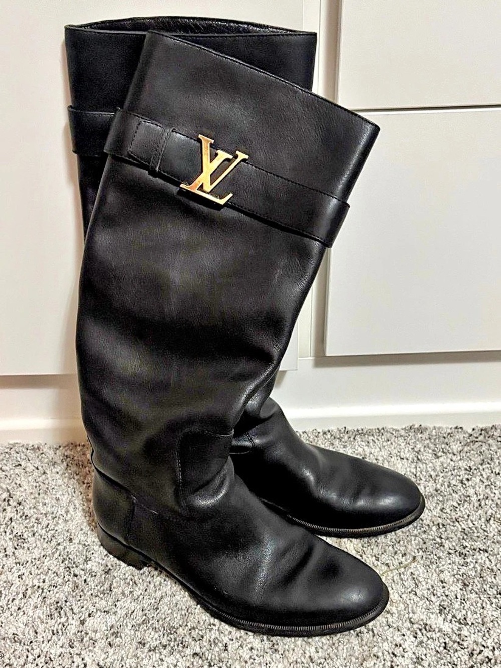 Louis Vuitton Black Leather LV Logo Knee High Boots Size 38